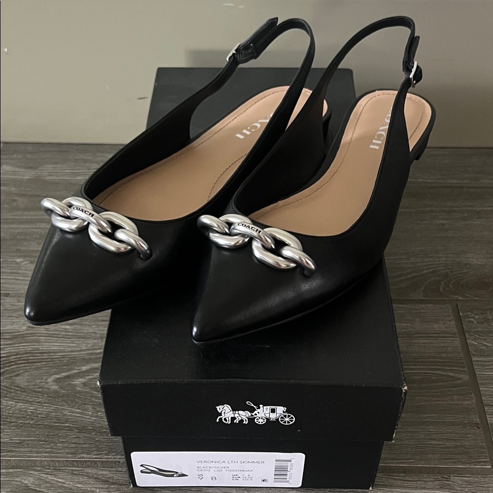 Coach Black Slingback Flats with Silver Chain